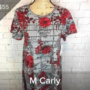Gray Houndstooth with Burgundy Flowers Carly Swing Dress by LuLaRoe - Medium